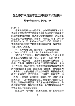 在全市群众身边不正之风和腐败问题集中整治专题会议上的讲话