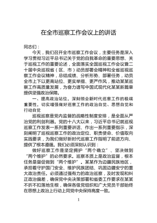 在全市巡察工作会议上的讲话