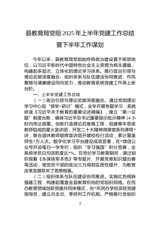 县教育局党组2025年上半年党建工作总结暨下半年工作谋划