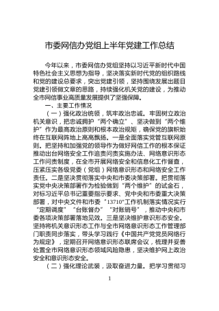 市委网信办党组上半年党建工作总结