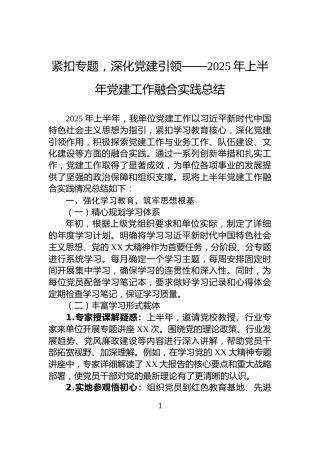 紧扣专题，深化党建引领——2025年上半年党建工作融合实践总结