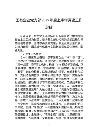 国有企业党支部2025年度上半年党建工作总结