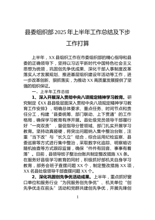 县委组织部2025年上半年工作总结及下步工作打算