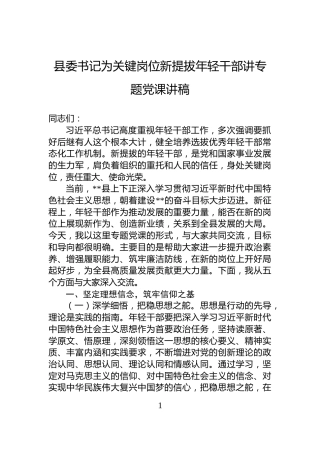 县委书记为关键岗位新提拔年轻干部讲专题党课讲稿