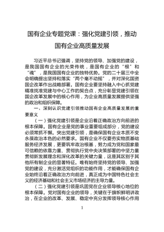 国有企业专题党课：强化党建引领，推动国有企业高质量发展