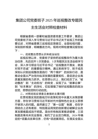 集团公司党委班子2025年巡视整改专题民主生活会对照检查材料