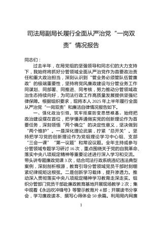 司法局副局长履行全面从严治党“一岗双责”情况报告