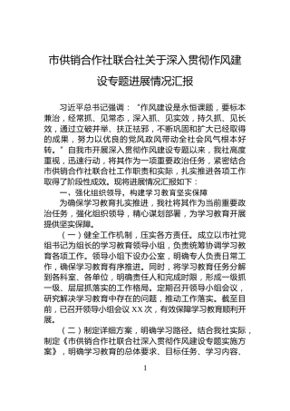 市供销合作社联合社关于深入贯彻作风建设专题进展情况汇报