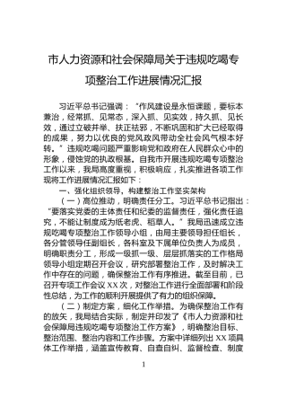 市人力资源和社会保障局关于违规吃喝专项整治工作进展情况汇报