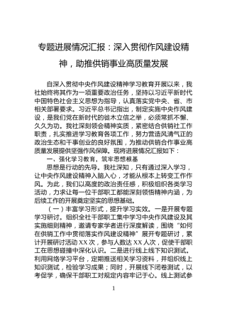 专题进展情况汇报：深入贯彻作风建设精神，助推供销事业高质量发展