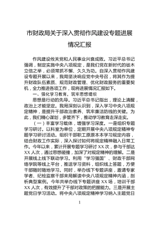 市财政局关于深入贯彻作风建设专题进展情况汇报