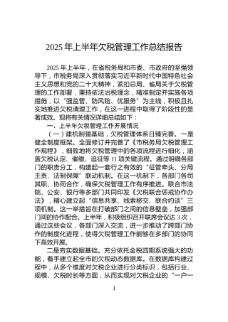 2025年上半年欠税管理工作总结报告