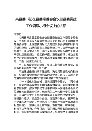 某县委书记在县委常委会会议暨县委党建工作领导小组会议上的讲话