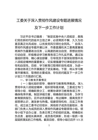 工委关于深入贯彻作风建设专题进展情况及下一步工作计划