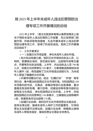 局2025年上半年未成年人违法犯罪预防治理专项工作开展情况的总结