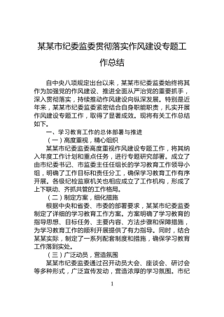 某某市纪委监委贯彻落实作风建设专题工作总结