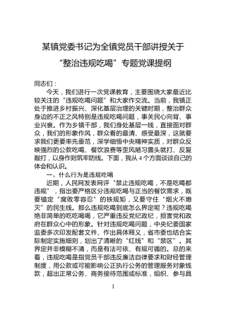 某镇党委书记为全镇党员干部讲授关于“整治违规吃喝”专题党课提纲