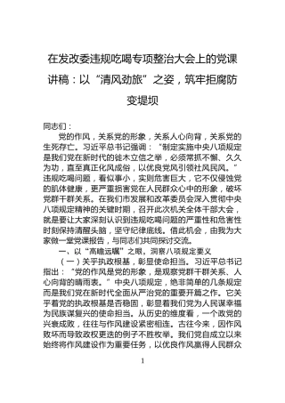 在发改委违规吃喝专项整治大会上的党课讲稿：以“清风劲旅”之姿，筑牢拒腐防变堤坝