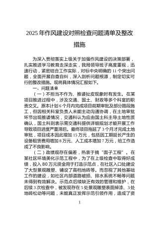 2025年作风建设对照检查问题清单及整改措施