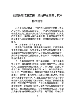 专题进展情况汇报：坚持严实基调，筑牢作风堤坝