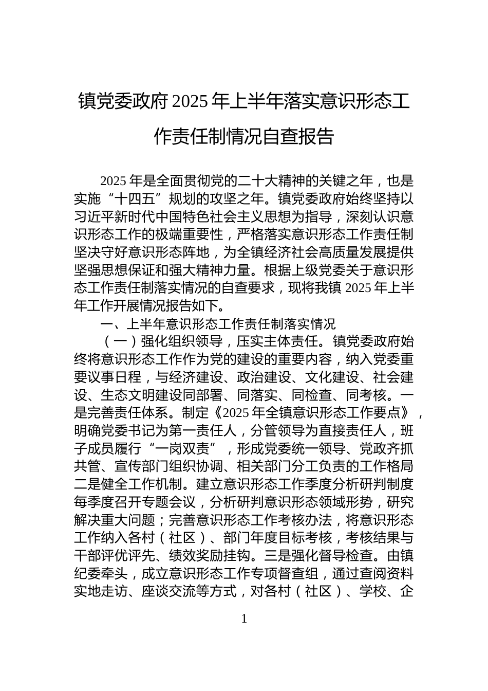 镇党委政府2025年上半年落实意识形态工作责任制情况自查报告_第1页