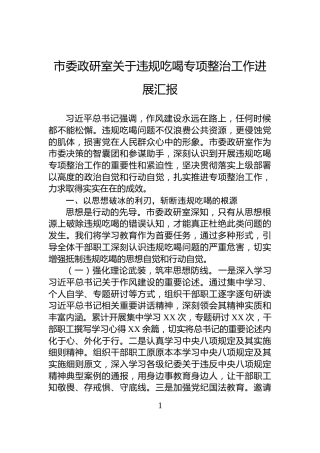 市委政研室关于违规吃喝专项整治工作进展汇报