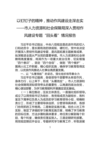 以钉钉子的精神，推动作风建设走深走实——市人力资源和社会保障局深入贯彻作风建设专题“回头看”情况报告