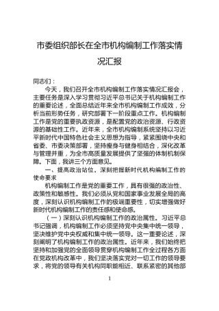 市委组织部长在全市机构编制工作落实情况汇报