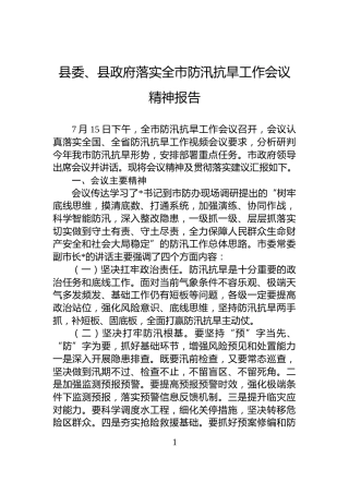 县委、县政府落实全市防汛抗旱工作会议精神报告