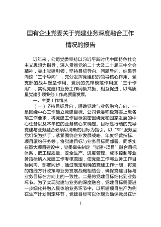 国有企业党委关于党建业务深度融合工作情况的报告