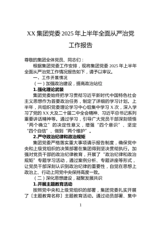 XX集团党委2025年上半年全面从严治党工作报告