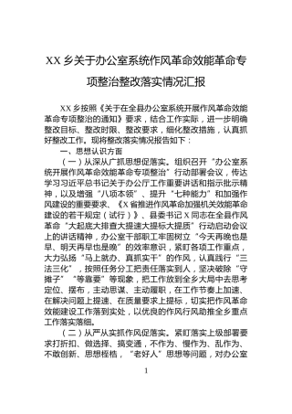 XX乡关于办公室系统作风革命效能革命专项整治整改落实情况汇报