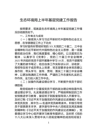 生态环境局上半年基层党建工作报告