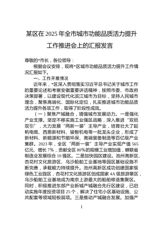 某区在2025年全市城市功能品质活力提升工作推进会上的汇报发言