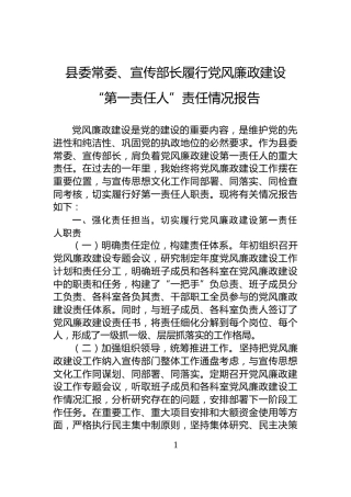 县委常委、宣传部长履行党风廉政建设“第一责任人”责任情况报告