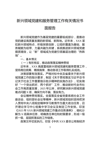 新兴领域党建和服务管理工作有关情况书面报告