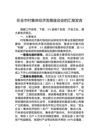 在全市村集体经济发展座谈会的汇报发言