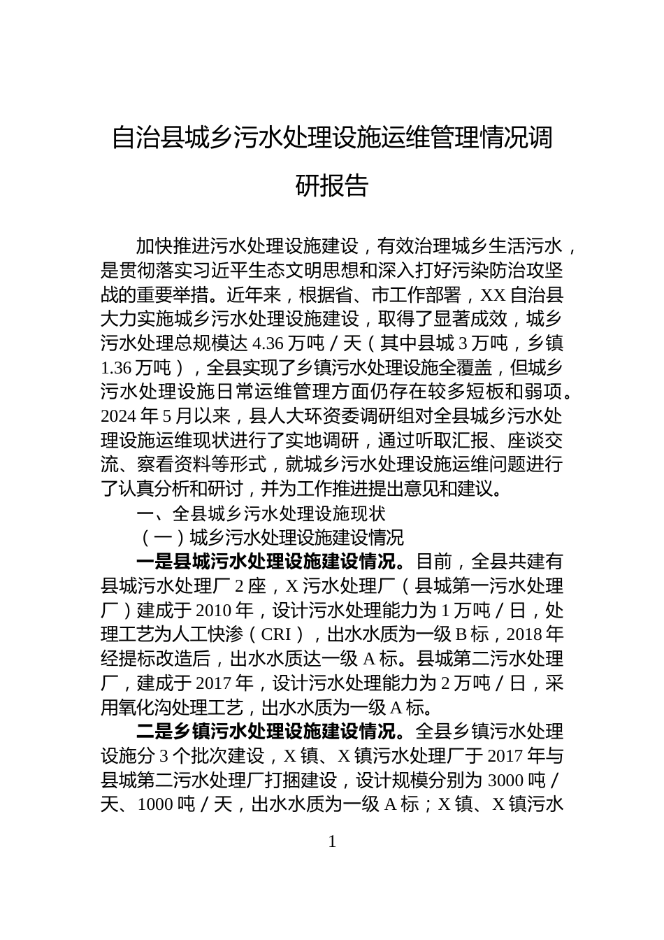 自治县城乡污水处理设施运维管理情况调研报告_第1页