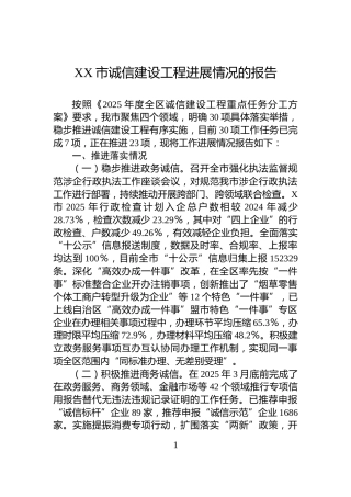 XX市诚信建设工程进展情况的报告