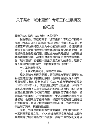 关于某市“城市更新”专项工作进展情况的汇报