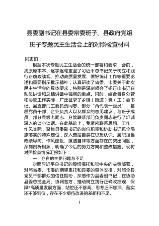 县委副书记在县委常委班子、县政府党组班子专题民主生活会上的对照检查材料