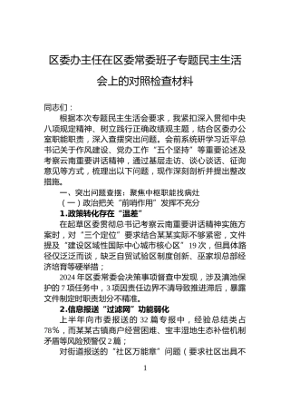 区委办主任在区委常委班子专题民主生活会上的对照检查材料