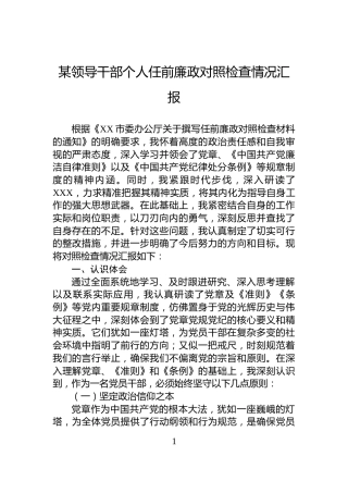 某领导干部个人任前廉政对照检查情况汇报