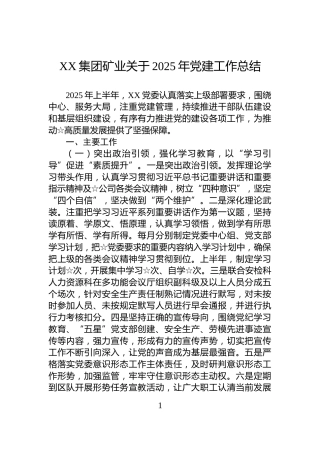 XX集团矿业关于2025年党建工作总结