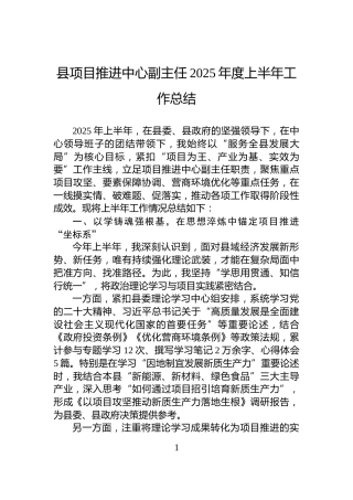 县项目推进中心副主任2025年度上半年工作总结