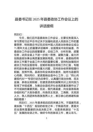 县委书记在2025年县委政协工作会议上的讲话提纲