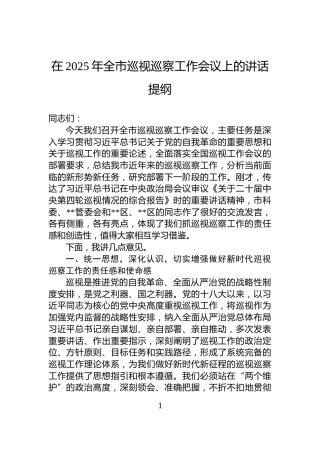 在2025年全市巡视巡察工作会议上的讲话提纲