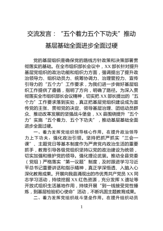 交流发言：“五个着力五个下功夫”推动基层基础全面进步全面过硬