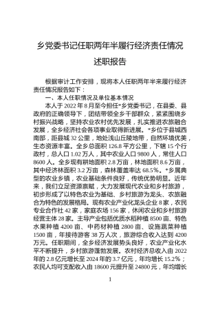 乡党委书记任职两年半履行经济责任情况述职报告