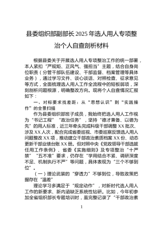 县委组织部副部长2025年选人用人专项整治个人自查剖析材料
